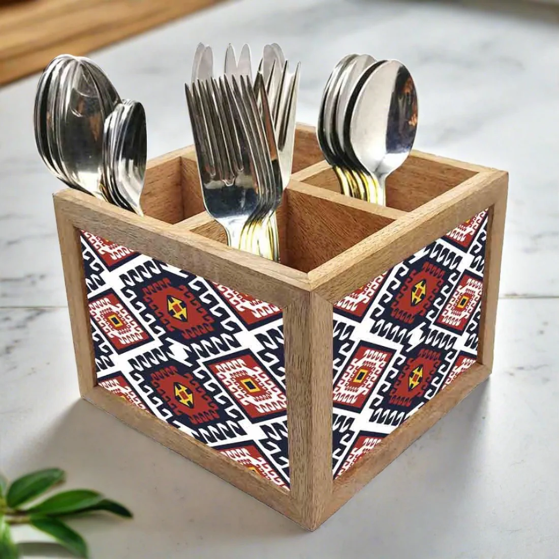 Natural Wooden Cutlery Holder - Diamond Pattern