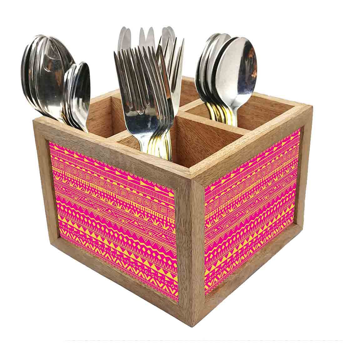 Natural Wooden Cutlery Holder - Aztec Pattern Pink