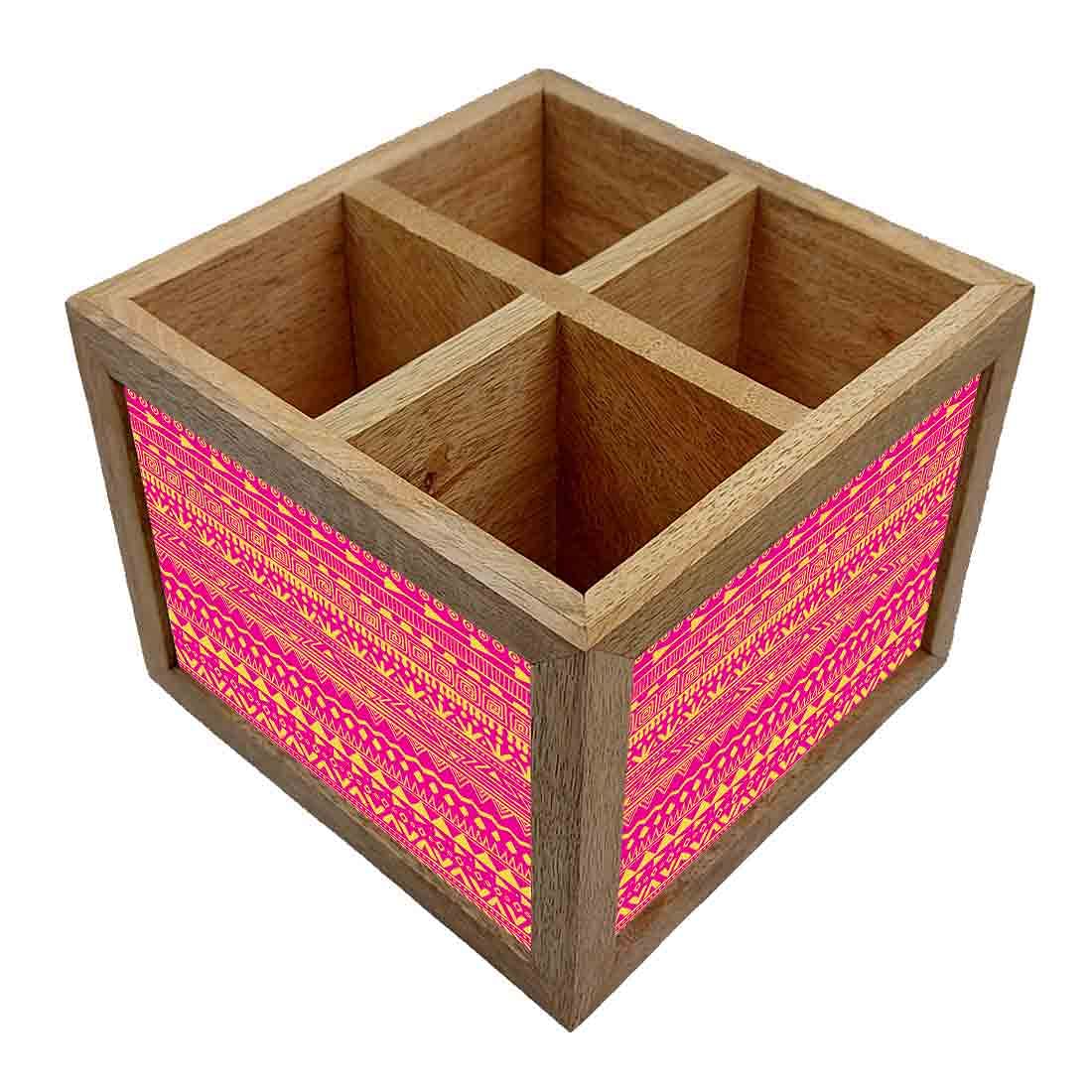Natural Wooden Cutlery Holder - Aztec Pattern Pink - Image 2