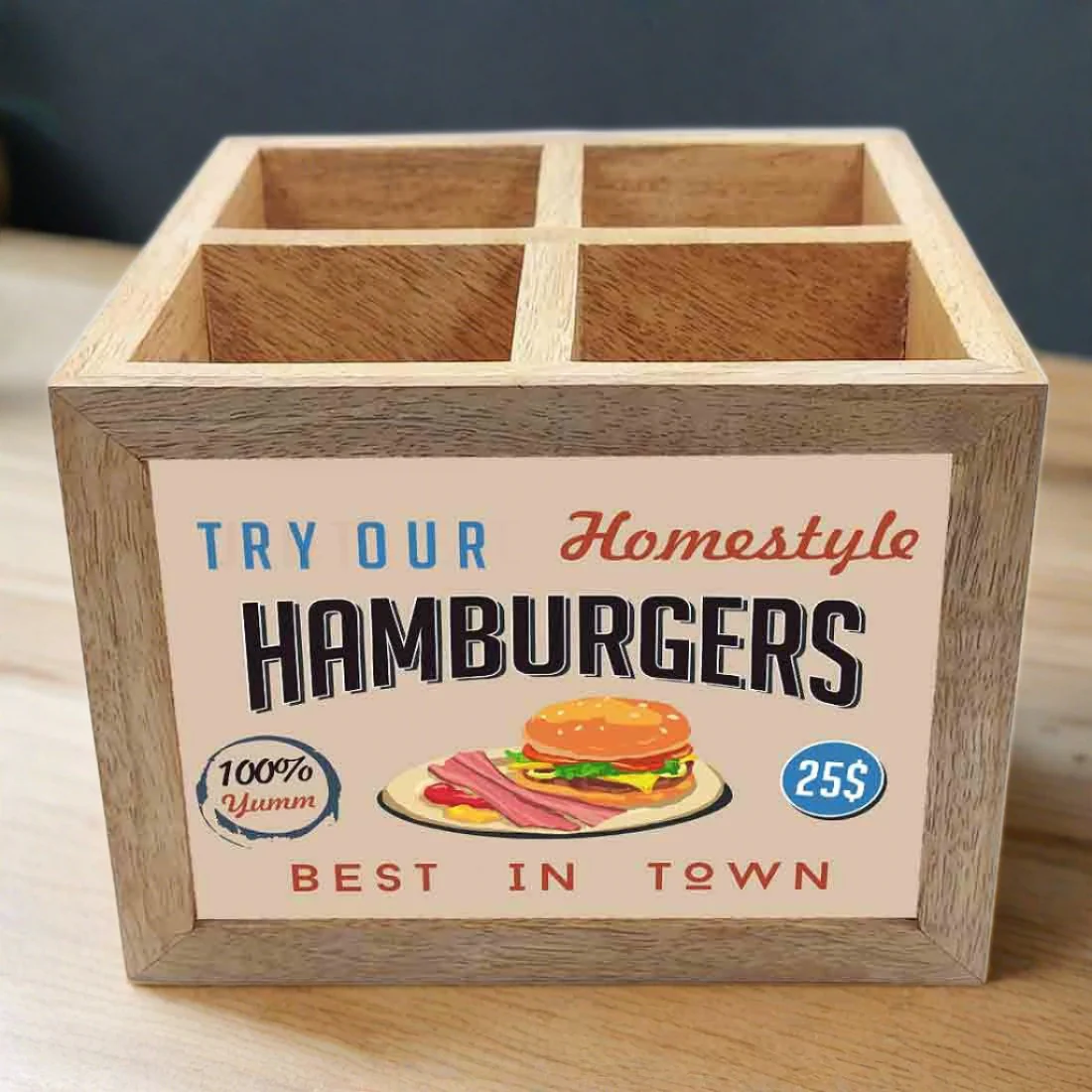 Natural Wooden Spoon Fork Stand Cutlery Holder - Hamburgers