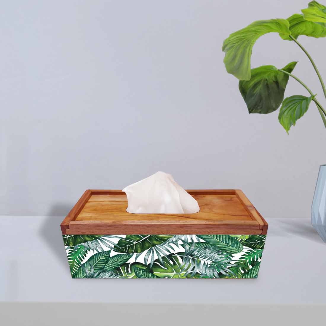 Rectangular Wooden Tissue Box Holder for Car - Leaves - Image 2