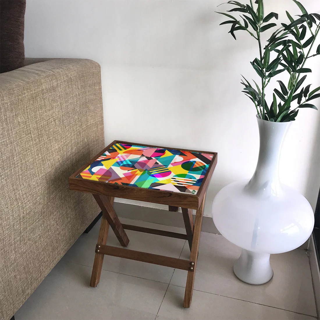 Folding Side Table - Teak Wood -Retro Art Design