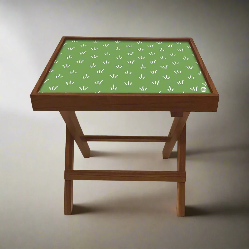 Nutcase Folding Square Side Table - Teak Wood -Green Pattern