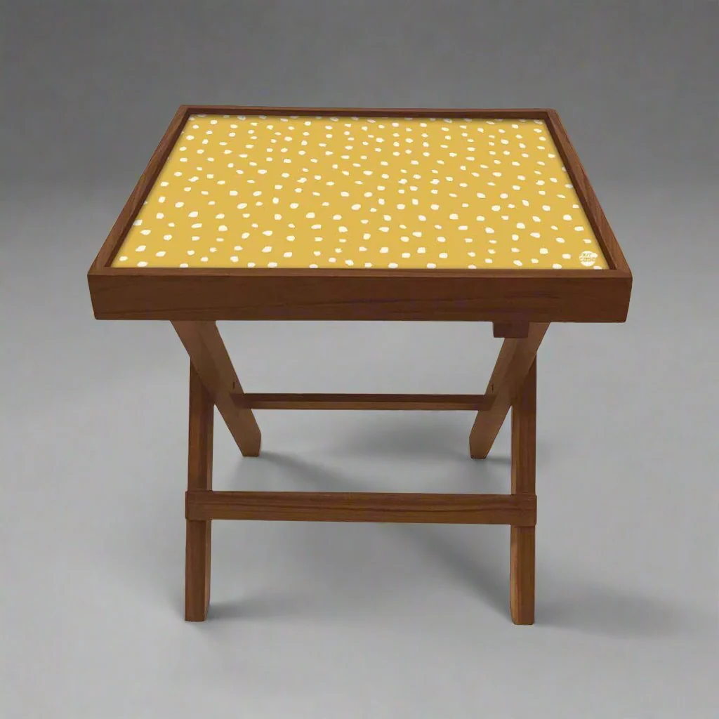 Folding Side Table - Teak Wood -Yellow Dots