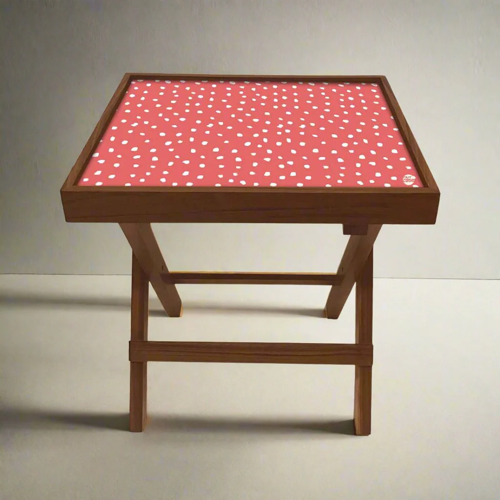 Folding Side Table - Teak Wood -Peach Dots