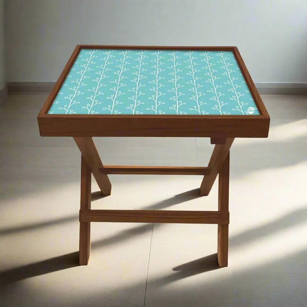 Folding Side Table - Teak Wood -Baby Blue Patters