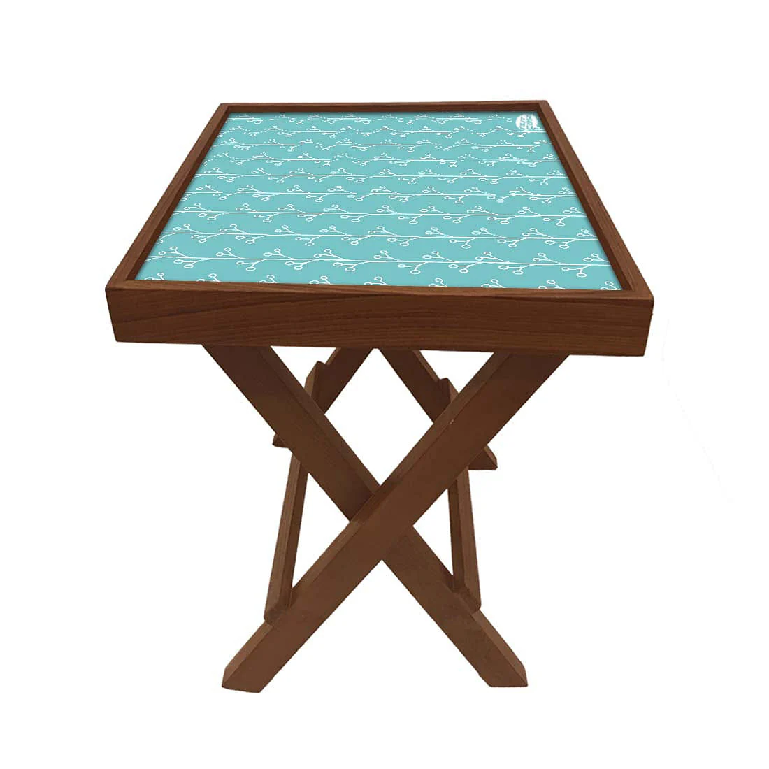 Folding Side Table - Teak Wood -Baby Blue Patters - Image 4