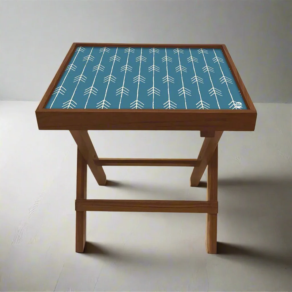 Folding Side Table - Teak Wood -Royal Blue Arrow
