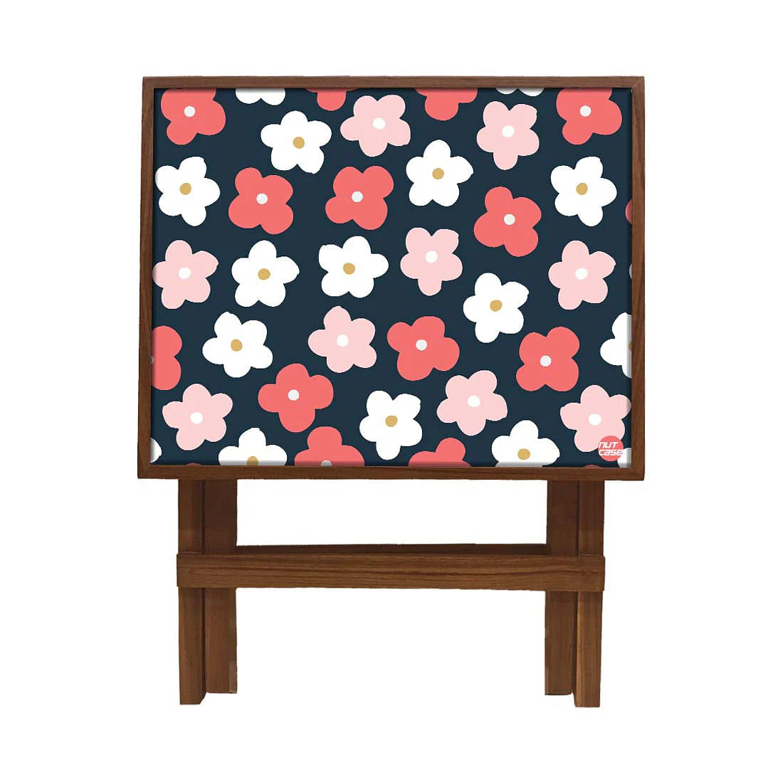 Folding Side Table - Teak Wood -Cute Flower Pink And White - Image 3