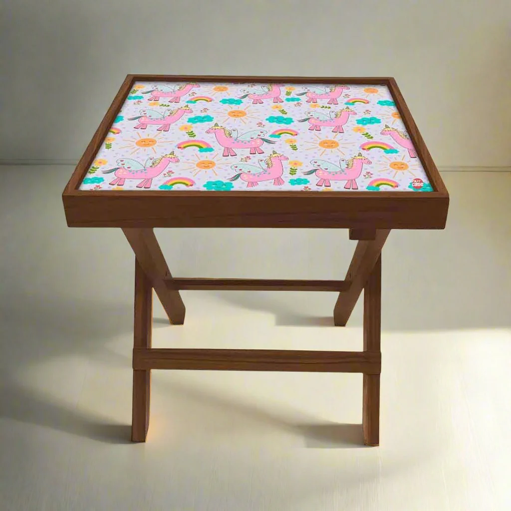 Folding Side Table - Teak Wood -Pink Unicorn