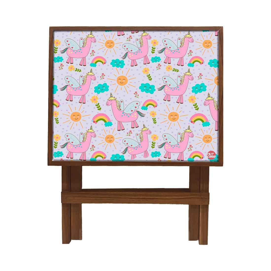 Folding Side Table - Teak Wood -Pink Unicorn - Image 3