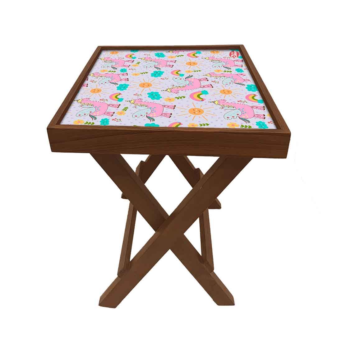 Folding Side Table - Teak Wood -Pink Unicorn - Image 4