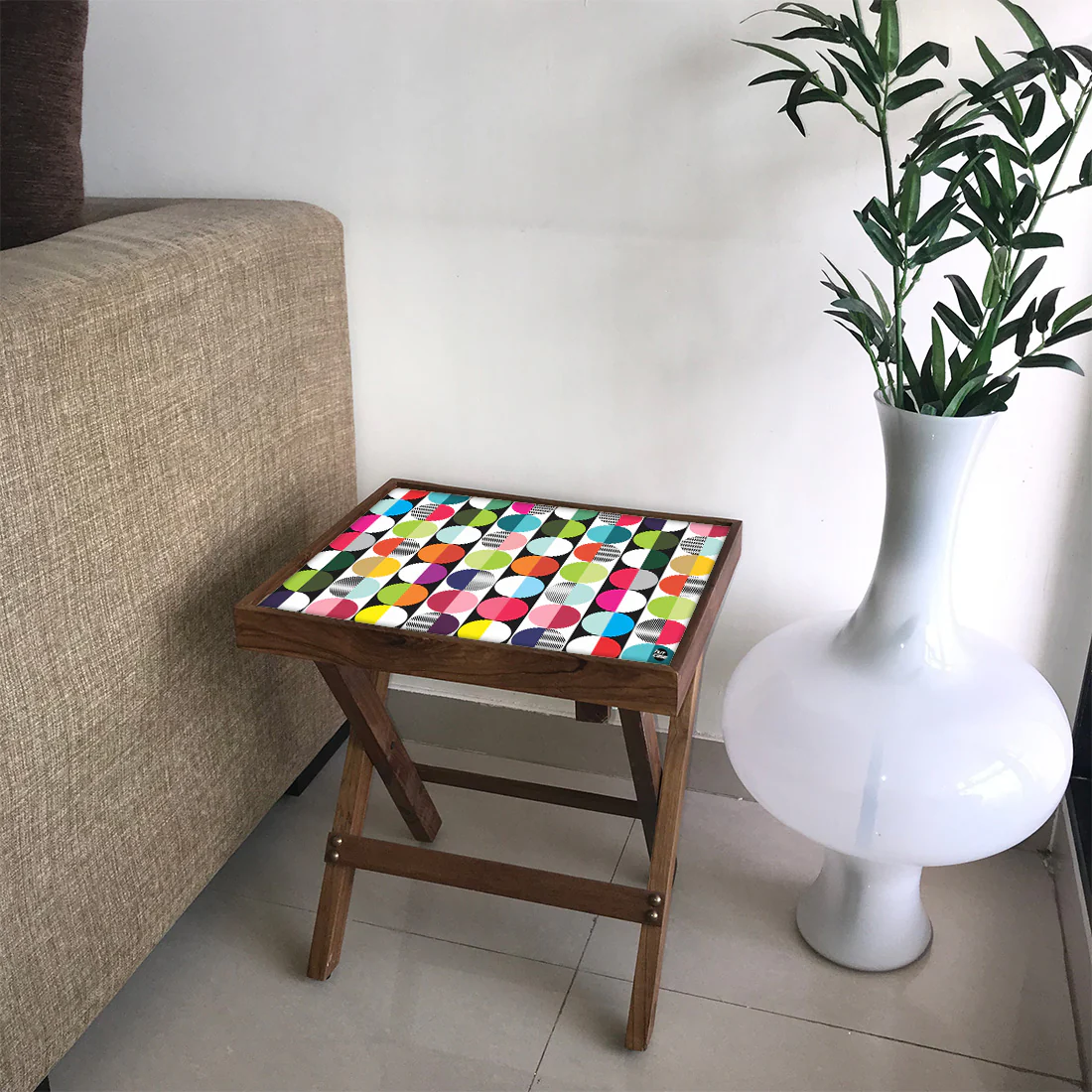 Folding Side Table - Teak Wood - Abtract Art