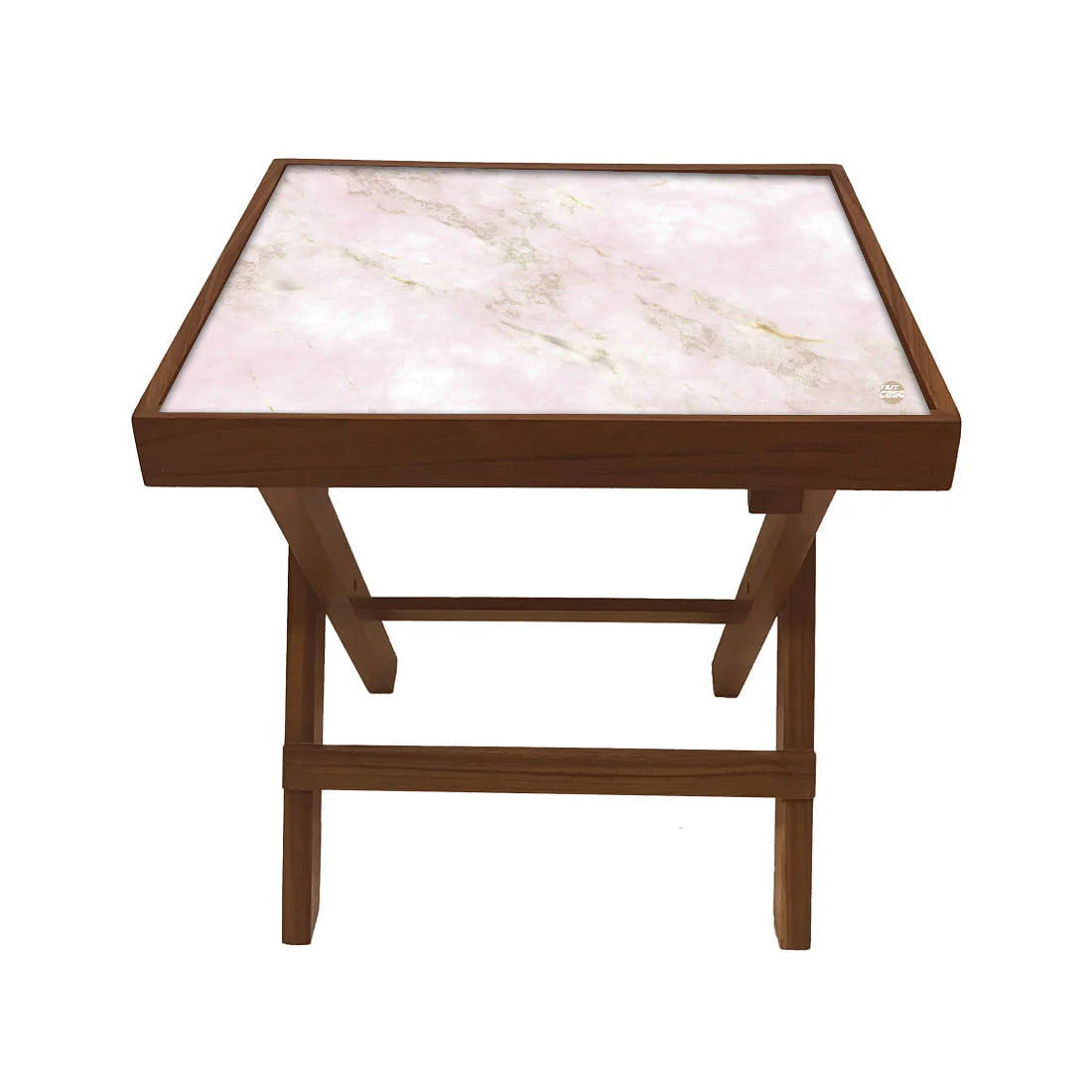 Folding Side Table - Teak Wood -Pink Marble - Image 2