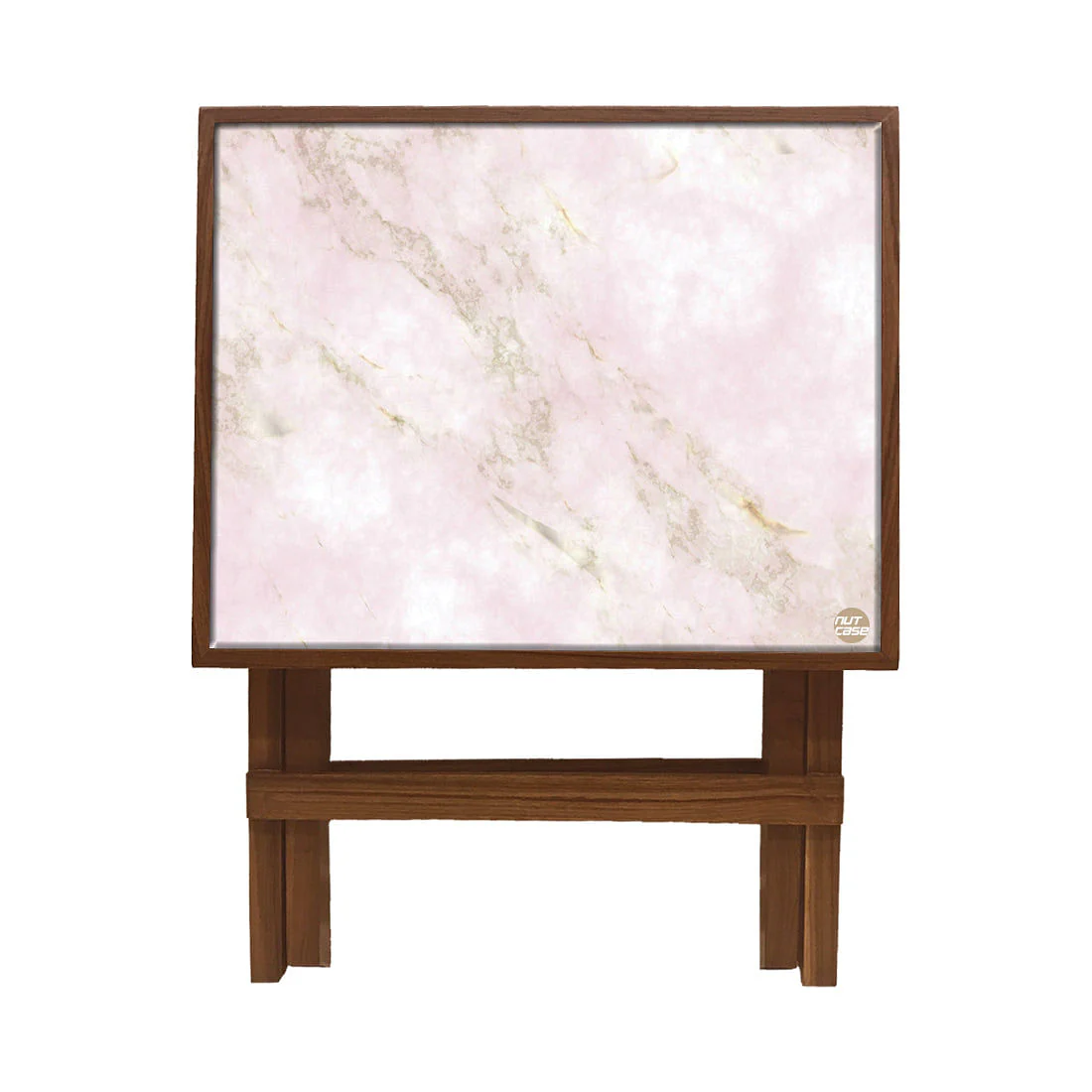 Folding Side Table - Teak Wood -Pink Marble - Image 4