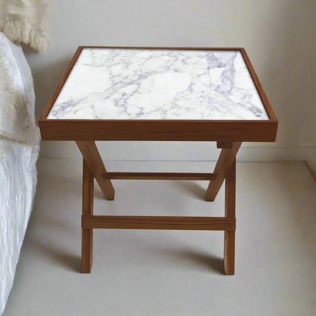 Folding Side Table - Teak Wood -White Marble - Image 2