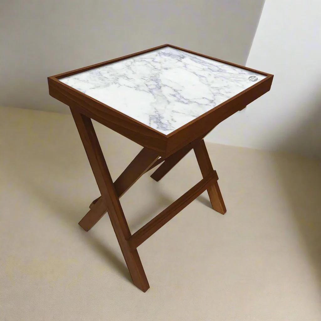 Folding Side Table - Teak Wood -White Marble - Image 3