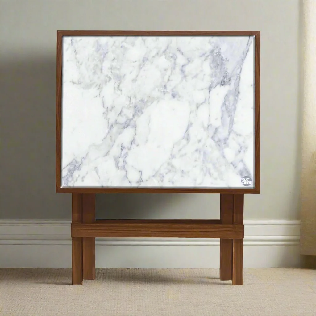Folding Side Table - Teak Wood -White Marble - Image 4