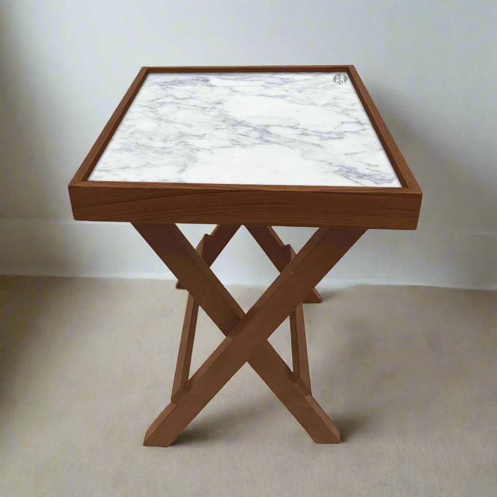 Folding Side Table - Teak Wood -White Marble - Image 5
