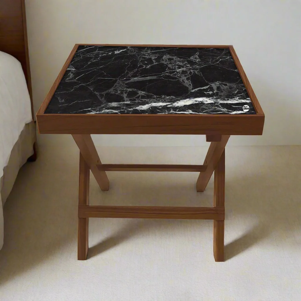 Folding Side Table - Teak Wood -Black Marble - Image 2