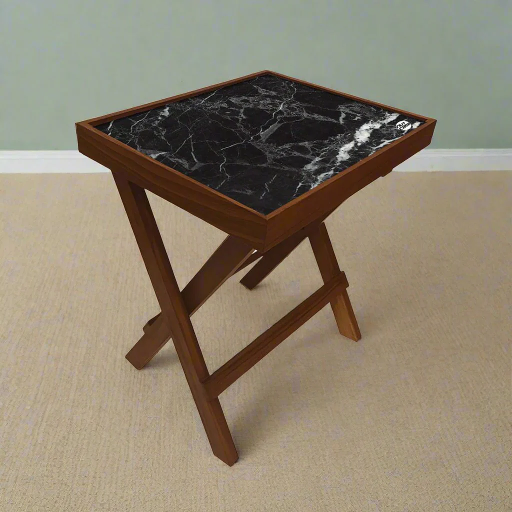 Folding Side Table - Teak Wood -Black Marble - Image 3