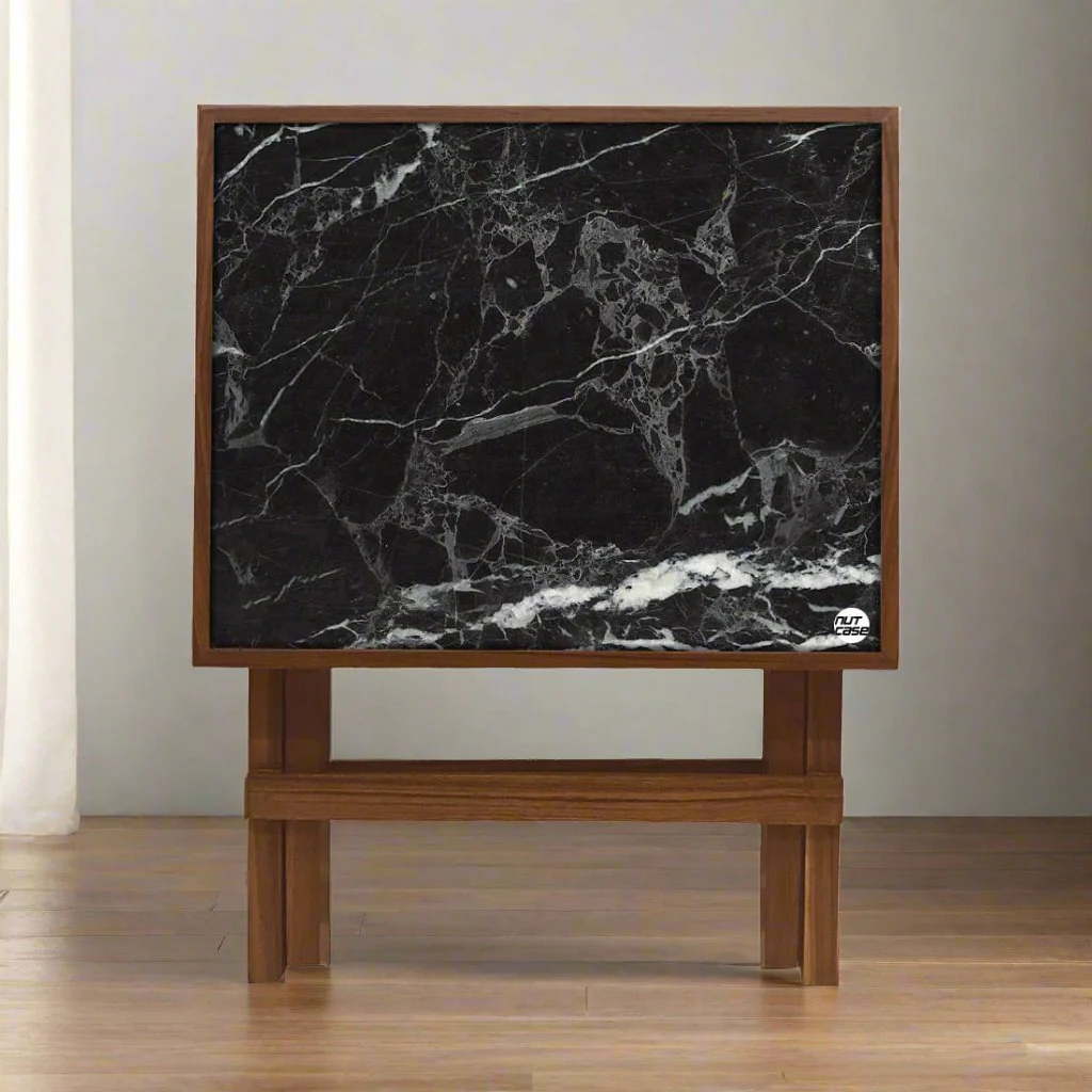 Folding Side Table - Teak Wood -Black Marble - Image 4