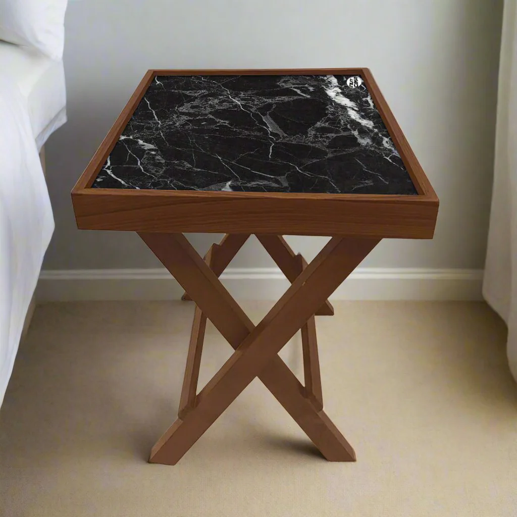 Folding Side Table - Teak Wood -Black Marble - Image 5