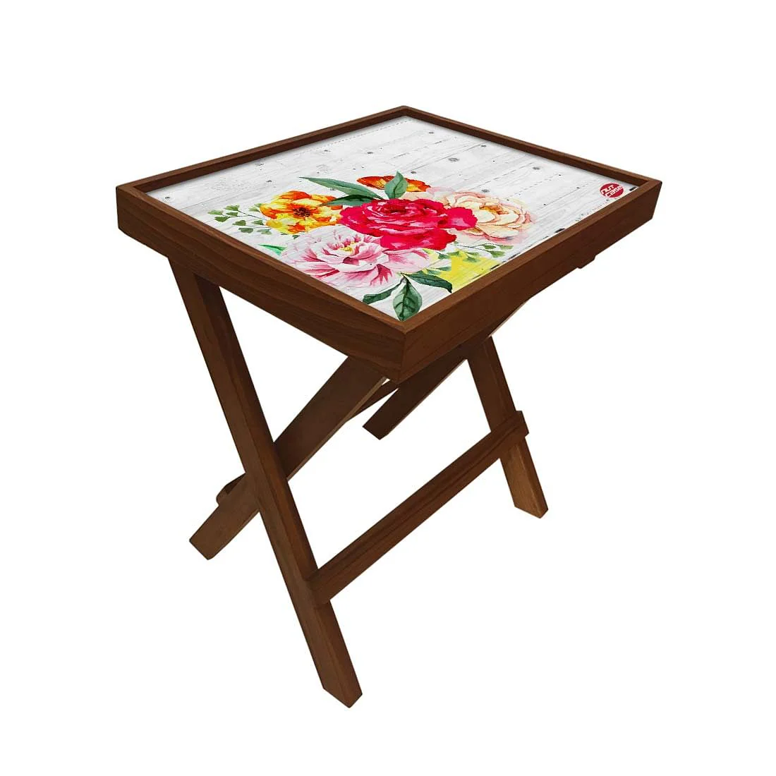 Folding Side Table - Teak Wood - Vintage Wood Floral - Image 3