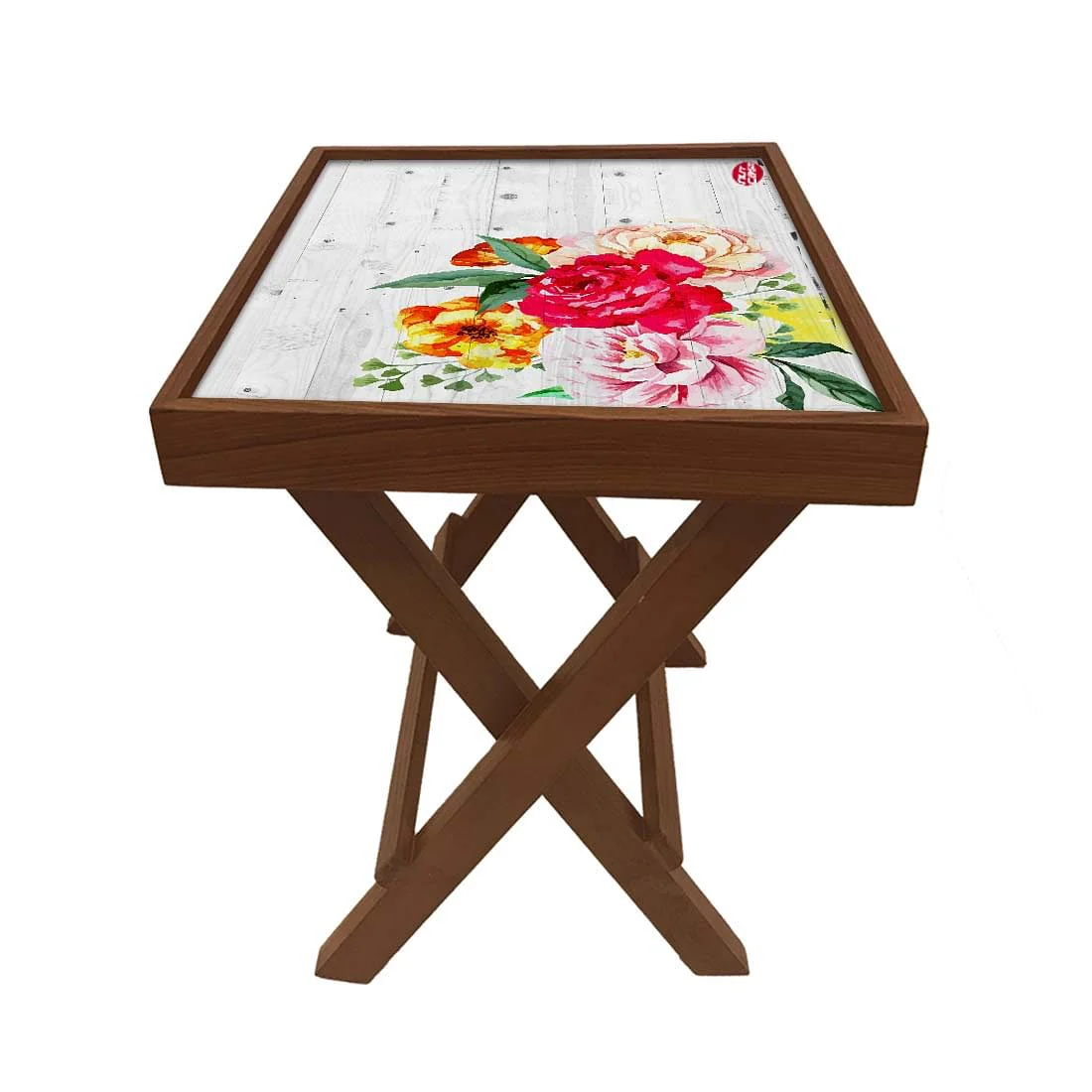 Folding Side Table - Teak Wood - Vintage Wood Floral - Image 5