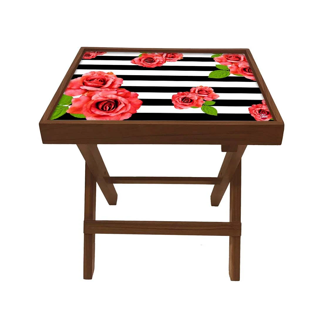 Folding Wooden Bedside Table-Teak Wood-Black & White Floral - Image 2