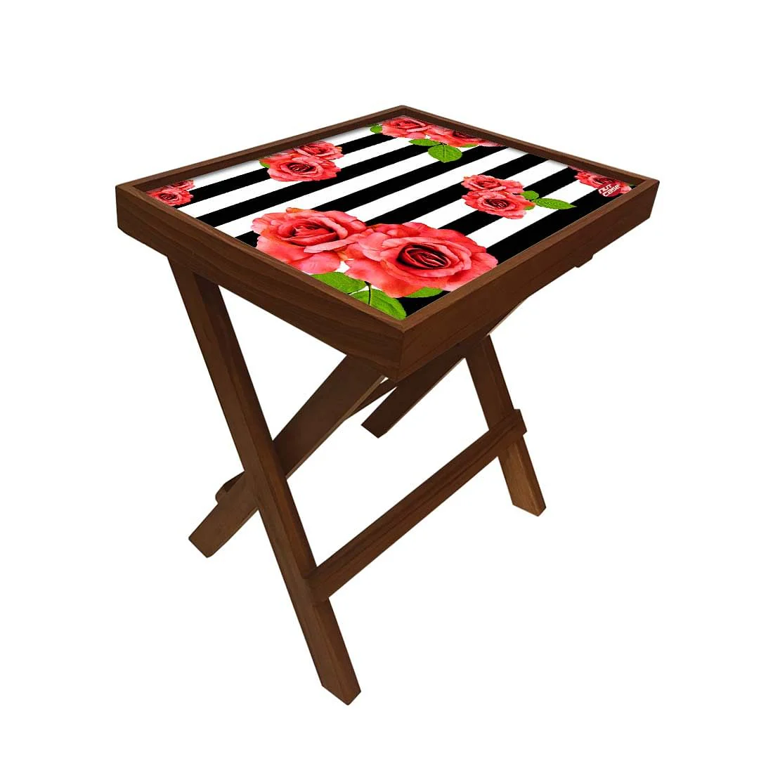 Folding Wooden Bedside Table-Teak Wood-Black & White Floral - Image 3