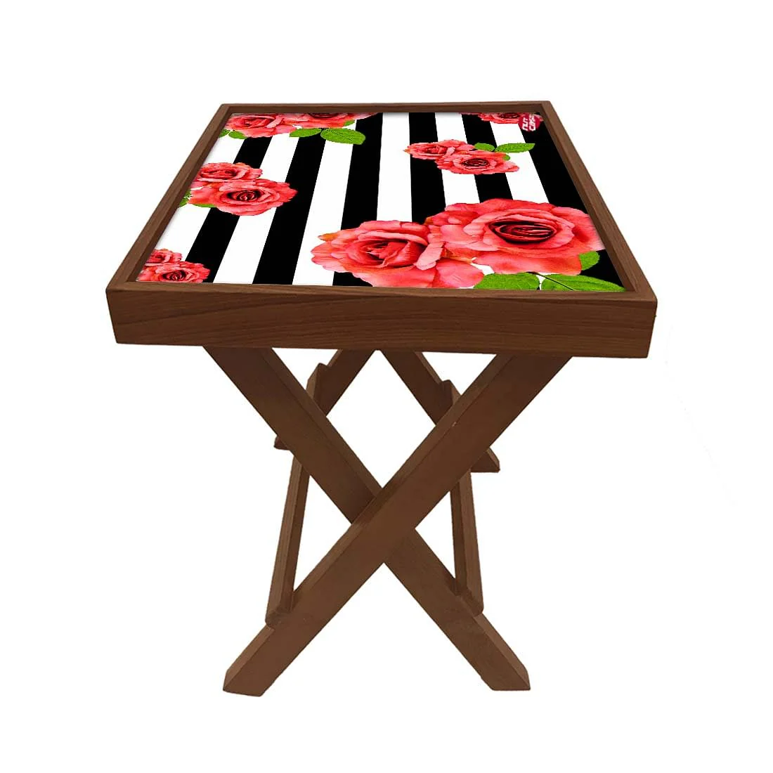 Folding Wooden Bedside Table-Teak Wood-Black & White Floral - Image 5