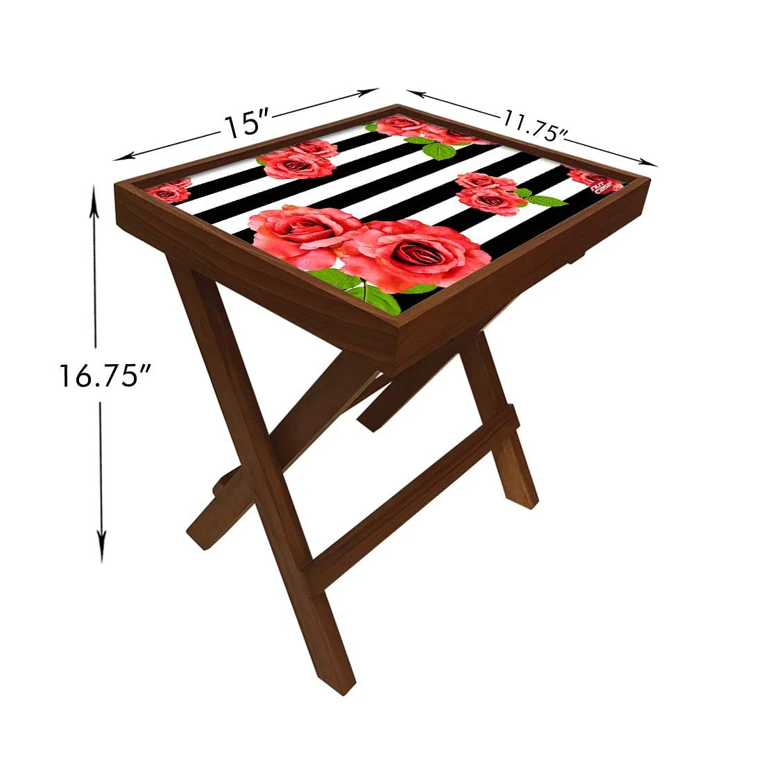 Folding Wooden Bedside Table-Teak Wood-Black & White Floral - Image 6