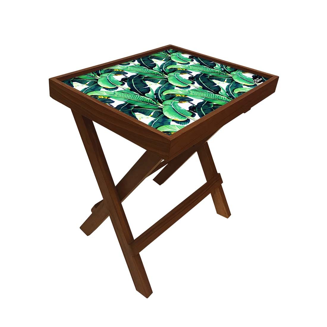 Folding Side Table - Teak Wood - Green Leaves Tropical - Image 3