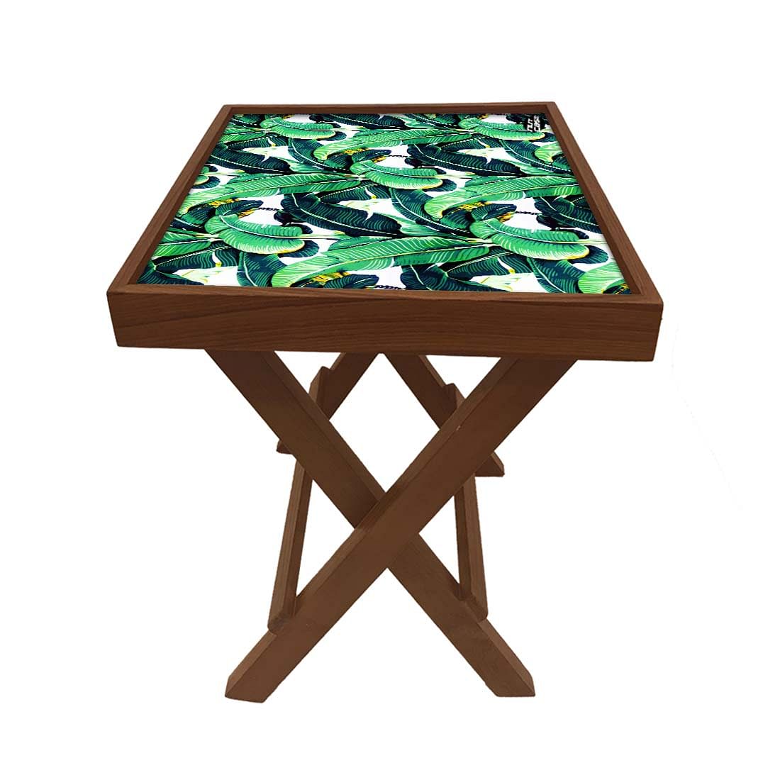Folding Side Table - Teak Wood - Green Leaves Tropical - Image 5