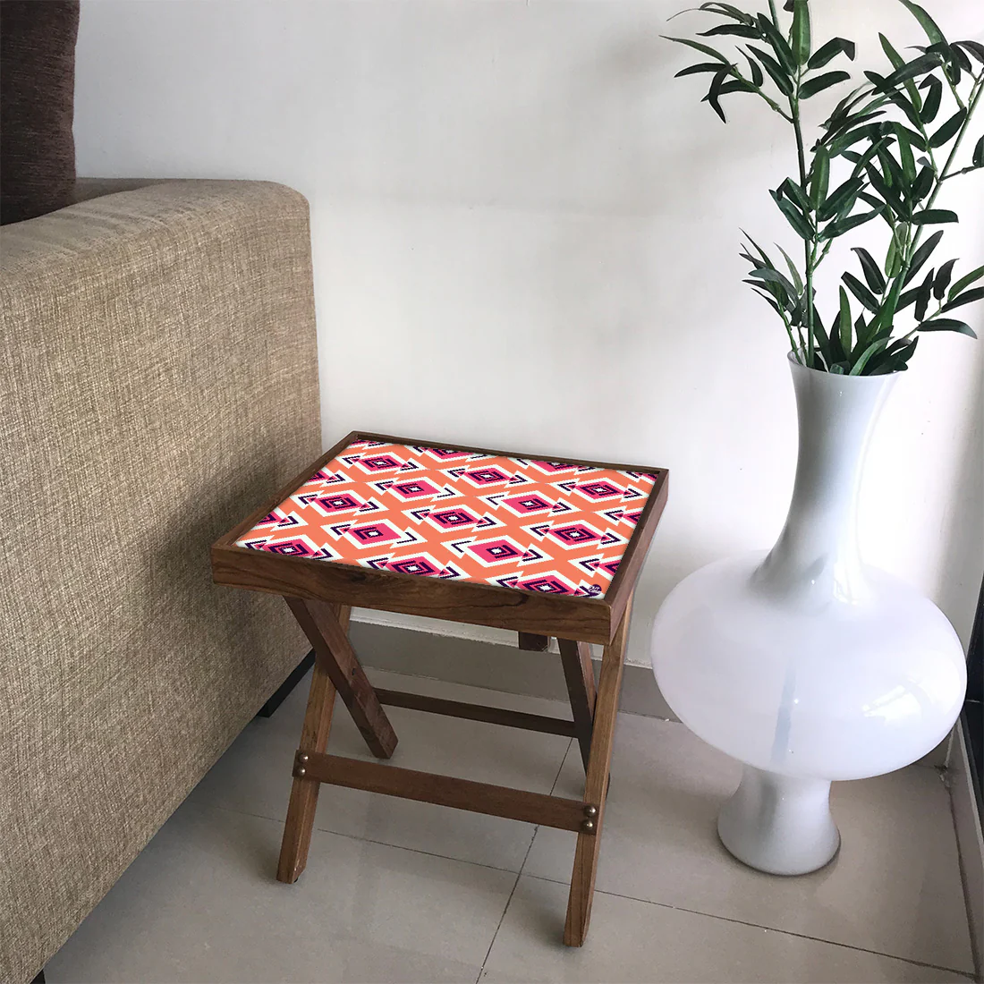 Folding Side Table - Teak Wood - Ethnic Pattern