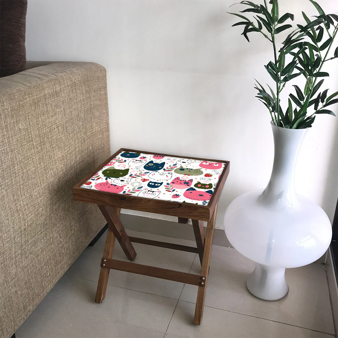 Folding Side Table - Teak Wood - Cute Litle Kitties