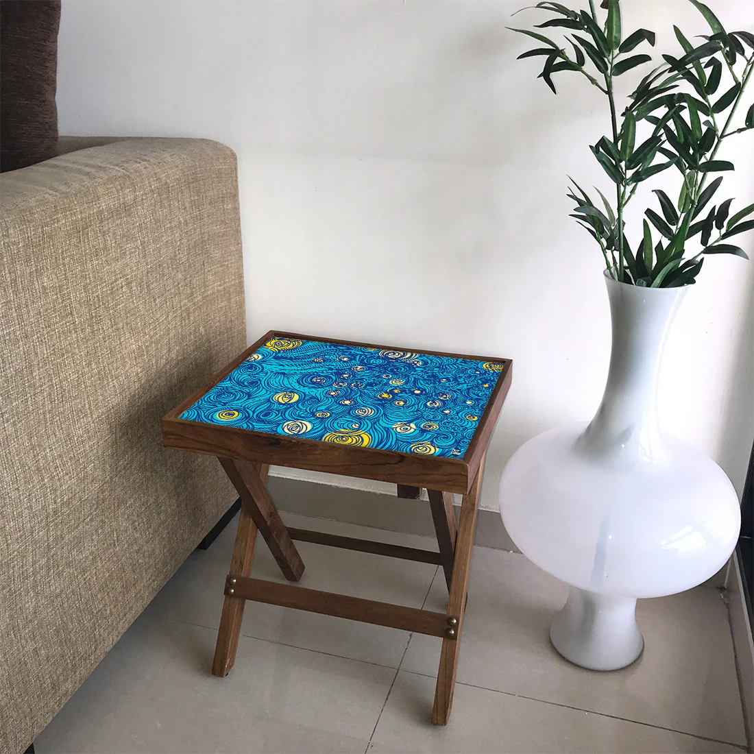Folding Side Table - Teak Wood - Starry Night