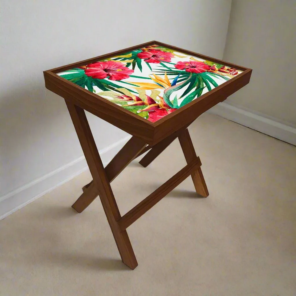 Folding Side Table - Teak Wood - Hibiscus - Image 3