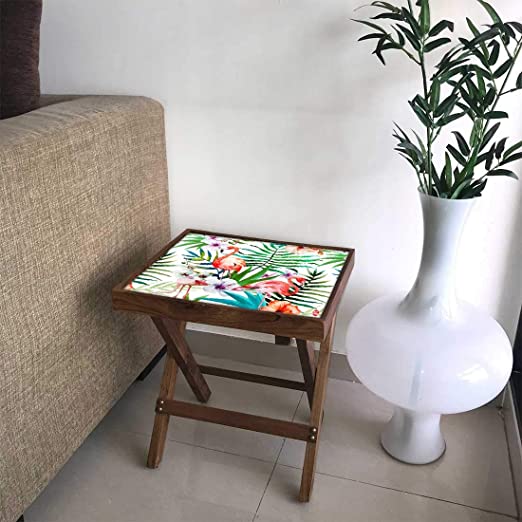 Folding Bed Side Table-Teak Wood-Flower Everywhere