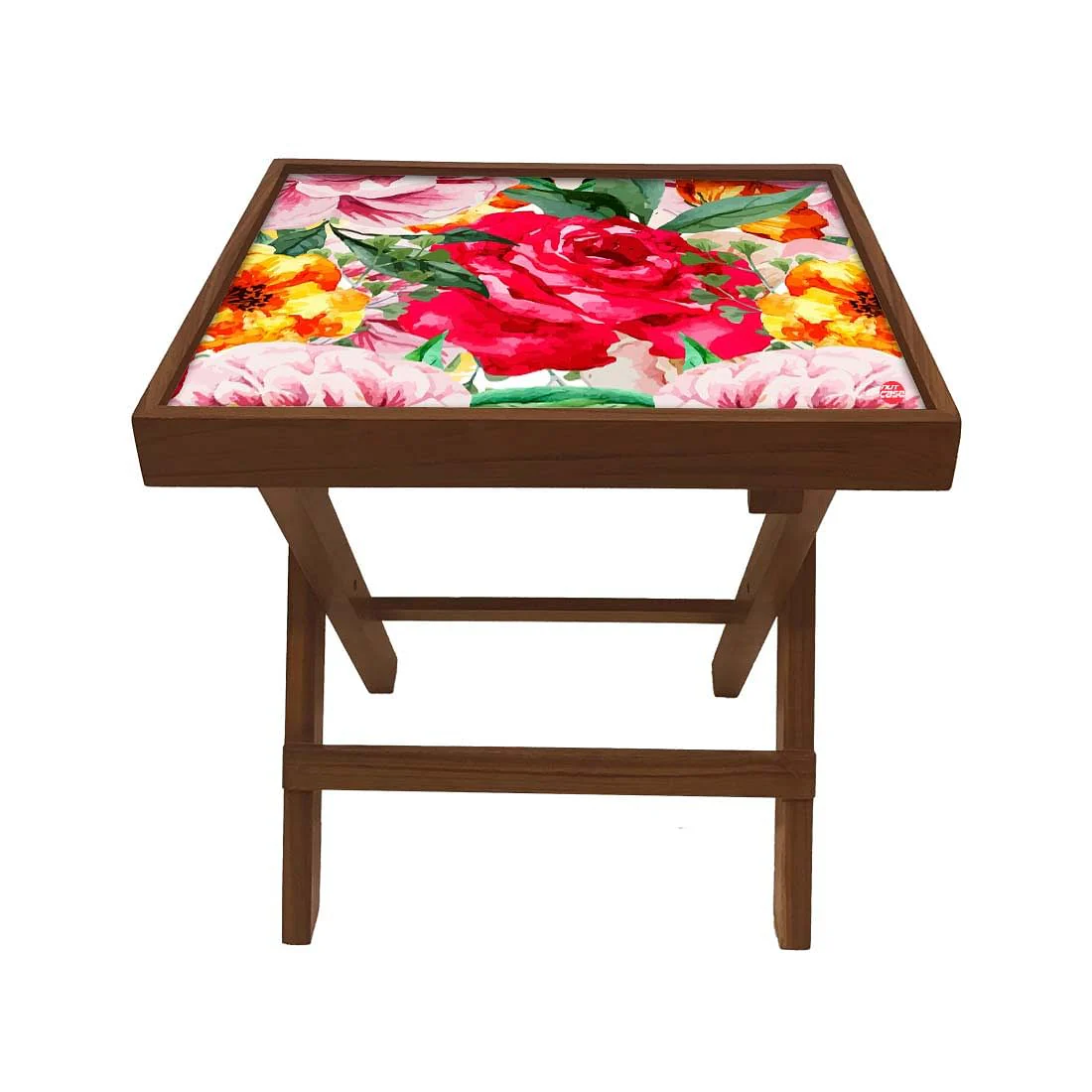 Folding Side Table - Teak Wood - Red Flower - Image 2
