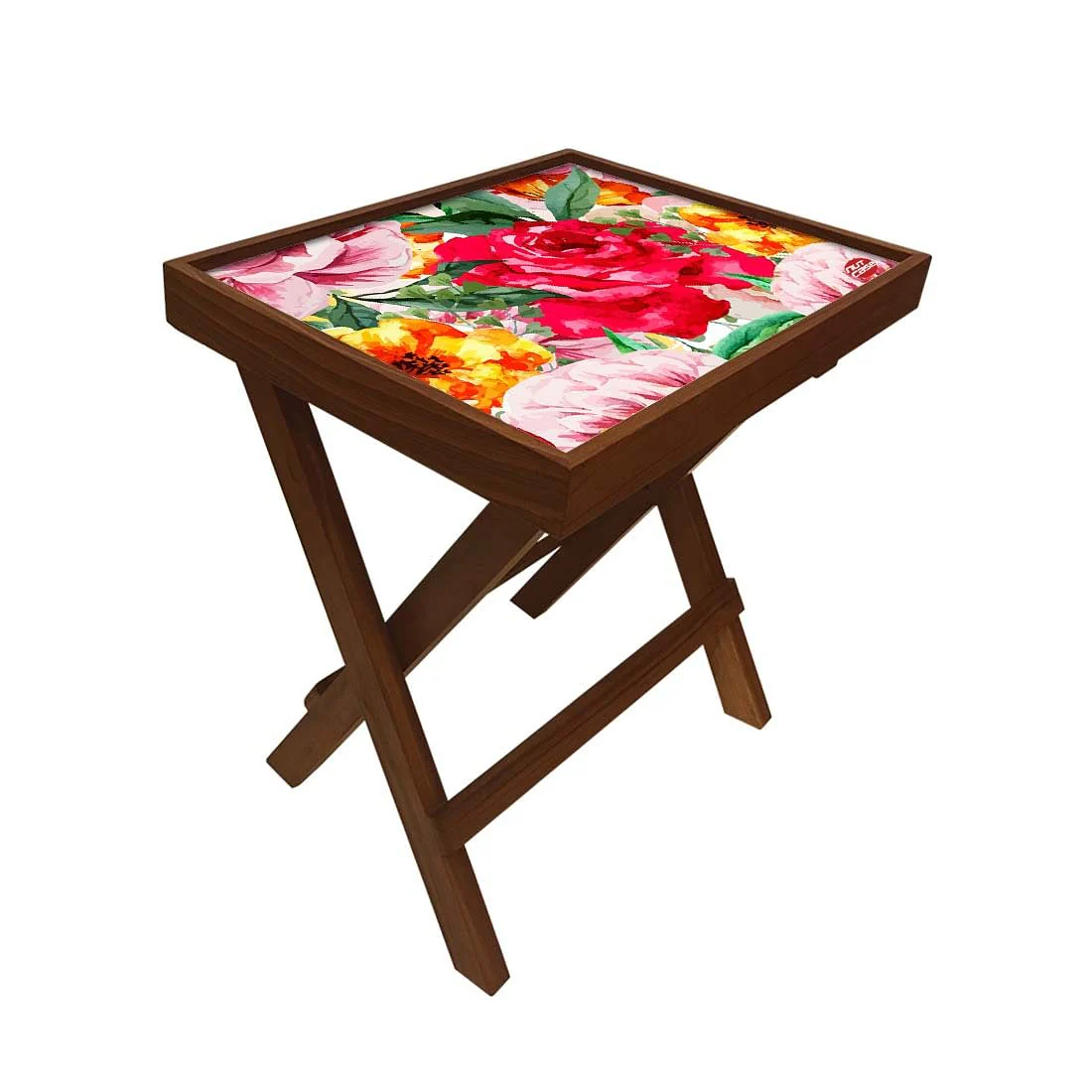 Folding Side Table - Teak Wood - Red Flower - Image 3