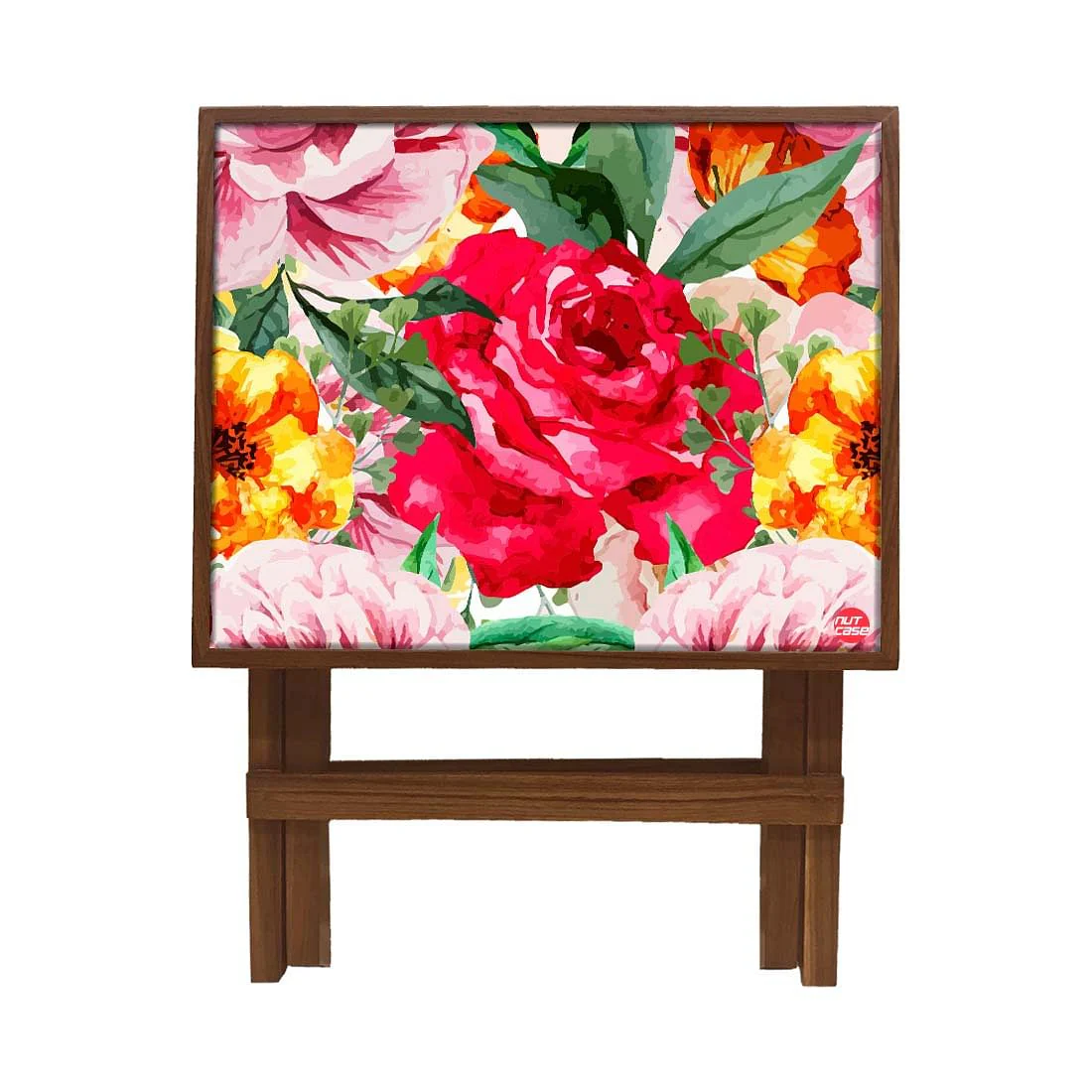 Folding Side Table - Teak Wood - Red Flower - Image 4