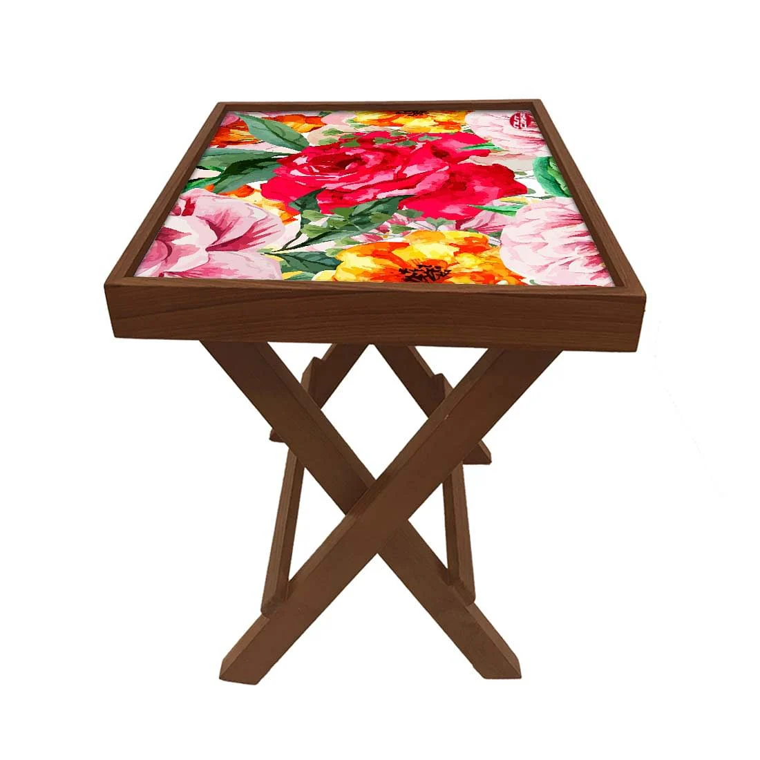 Folding Side Table - Teak Wood - Red Flower - Image 5