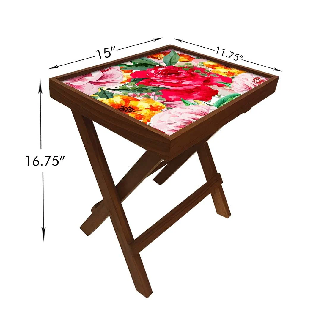 Folding Side Table - Teak Wood - Red Flower - Image 6
