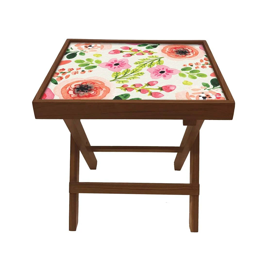 Folding Side Table - Teak Wood - Pink Flower - Image 2