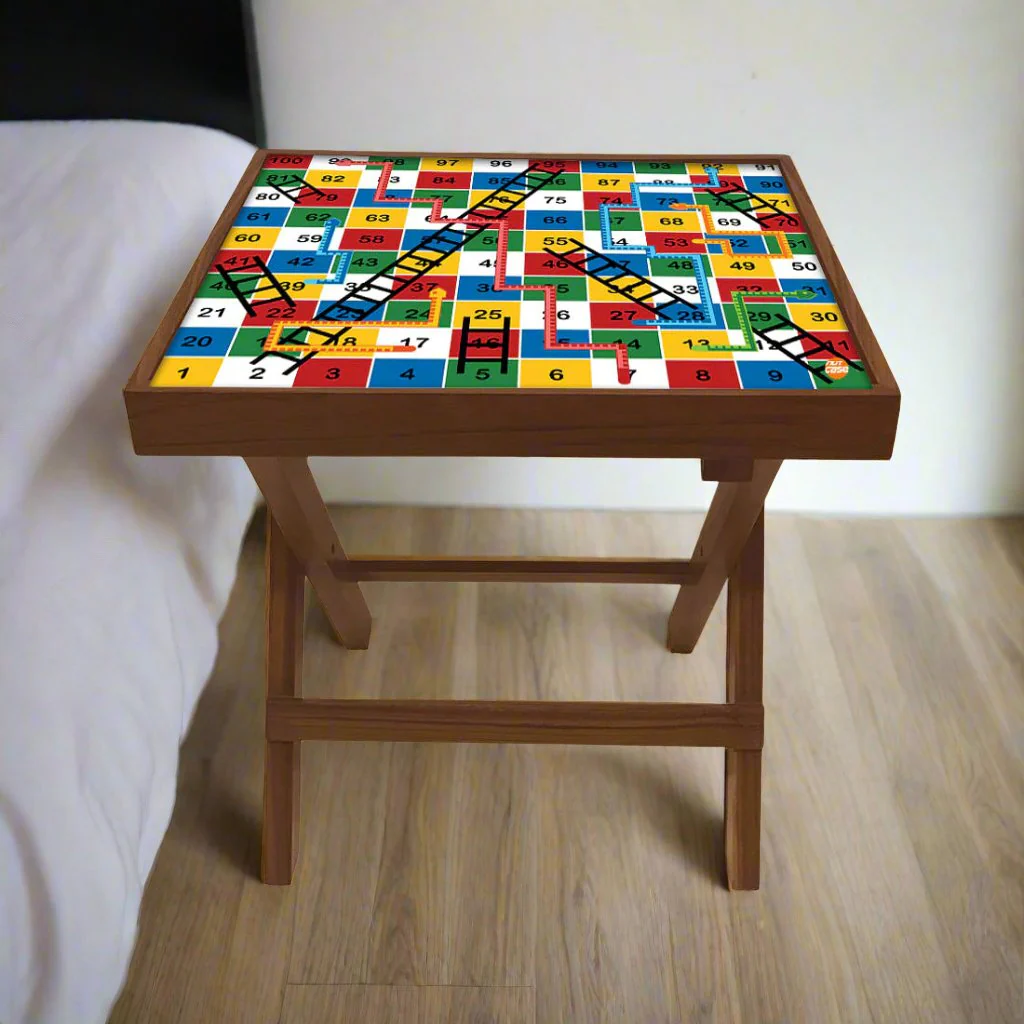 Folding Side Table - Teak Wood -Colorful Snake and Ladder - Image 2