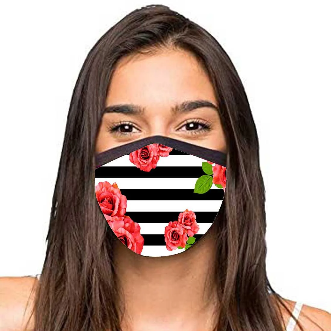 Face Masks Reusable Washable Set Of 2 -Floral_Black_Stripes - Image 2
