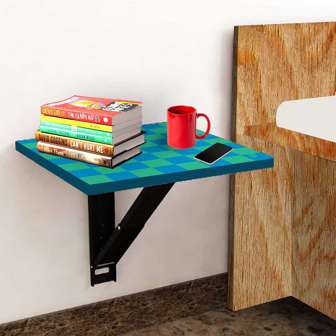 Space Saving Bedside Table Foldable - Blue Green Check - Image 3