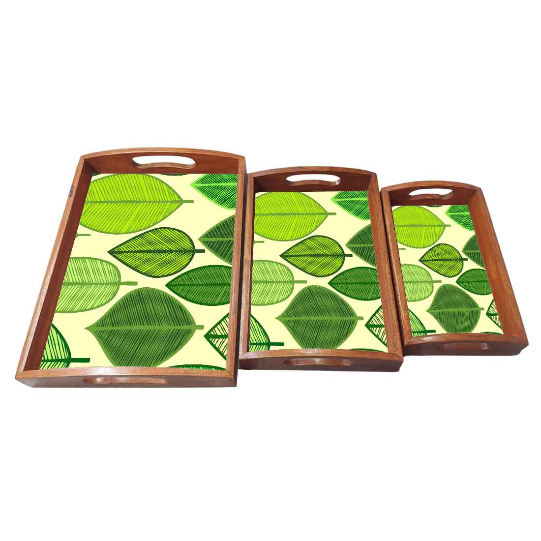 Wooden Decorative Serving Trays Set of 3 for Tea Coffee - Green Leaf - Image 3
